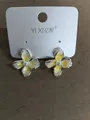 Elegant French style yellow enamel flower stud earrings with pearl center on silver pins - Yellow