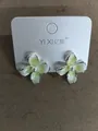 Elegant French style flower pearl stud earrings with light green gradient enamel finish. - Green
