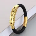 Bracciale uomo in pelle intrecciata con maglia a catena di bici in oro inossidabile - Stile A (KB163607-KFC) / 21cm / Oro