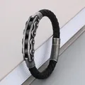 Bracciale da uomo in pelle intrecciata con catena per bicicletta in acciaio - Stile A (KB163606-KFC) / 21cm / Nero Opaco