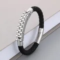 Men's business style woven leather bracelet with stainless steel watch band link - Style B (KB163621-KFC) / 21cm / Steel