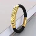 Men's braided leather bracelet with golden stainless steel watch-link design - Style B (KB163622-KFC) / 21cm / Gold
