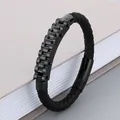 Men's black braided leather bracelet with stainless steel bike chain design in all-black finish - Style B (KB163623-KFC) / 21cm / Black