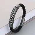 Men's vintage stainless steel bike chain style woven leather bracelet in black finish - Style B (KB163620-KFC) / 21cm / Matte Black