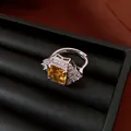 Close-up detail of a vintage square yellow zircon open ring presented in a jewelry box - Yellow Square Zirconia (HR3566) / Full Gift Box Set / Silver