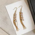 Detailed view of 18k gold plated earrings with zircon wheat ear design and tassels - Ear Hook - Gold (Real Gold Plating)