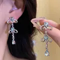Elegant silver heart and teardrop tassel earrings with blue rhinestones for women - Stud Earrings / Silver (Blue)