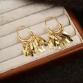 Elegant gold hoop earrings with layered rectangular metal plate tassels for women - Gold