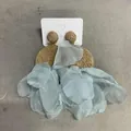 Handmade French style raffia woven earrings with light blue chiffon petals for vacation. - Blue