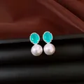 Orecchini eleganti in argento con zirconi turchesi ovali e perle bianche tonde - Argento-Blu-Bianco