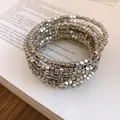 Detailed view of silver multi-layer wrap bracelet with square bead texture - Square / Silver