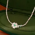 Exquisite silver flower necklace with green zircon stones in a velvet gift box - Necklace / Silver-Green