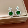 Elegant square emerald-green zirconia earrings with vintage royal style design - Drop Earrings (HE33980-1) / Stud Style / Green/Silver