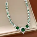 Vintage palace style necklace with square green gemstones and clear zircon accents - Necklace (HN12364-1) / Choker Necklace / Green/Silver