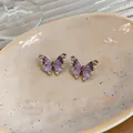 Nahaufnahme von eleganten lila Schmetterlingsohrringen mit funkelnden Strasssteinen - Schmetterling Design / Lila