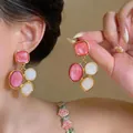 Elegant vintage palace style geometric resin pendant earrings with pink marble texture - Gold-Pink-White