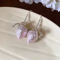 Exquisite close-up of pink pearl strawberry drop earrings with sparkling zircon droplets - Earring Hooks - Silver / Pink