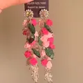 Handmade pink rose floral dangle earrings with green leaves and crystal beads - Style No.26(26#) / Silver Needle / Pink