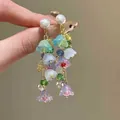 Colorful beaded flower drop earrings with pearl studs for summer vacation style. - Style No.33(33#) / Silver Needle / Colorful