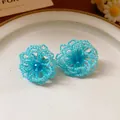 Elegant handmade mint blue beaded flower stud earrings for a fresh summer resort look - Style No.56(56#) / Silver Needle / Blue