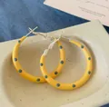 Yellow enamel hoop earrings with grey polka dots and 925 silver needle posts for women - 4cm / Yellow