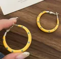 Minimalist yellow enamel polka dot hoop earrings with silver needle, chic style - 5cm / Yellow