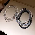 Bohemian multi-layer beaded bracelet set with faux pearls and heart charm for women - Style 52 (White-Black-Grey)