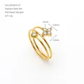 Detail view of 18K gold plated clover ring with zircon stones and dimensions - White Clover Style (ZR2462G-01) / Open Ring