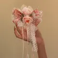 Elegante roze kanten rozenhaarspeld met satijnen strik en kralenkwastjes SKU-weergave - Eendenbek haarclips / Roze