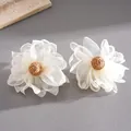 Detailed macro view showing handmade chiffon petals and woven raffia centers of flower earrings - Flower Woven Style (HE33639) / Silver Needle / White-Coffee