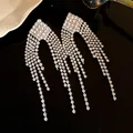 Detailed view of luxury rhinestone tassel earrings with sparkling diamond shape - Rhombus Tassel (HE32972) / Silver