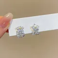 Detailed close-up view of dainty zircon flower ear buckles with yellow centers - Double Layer Flower Style / Silver
