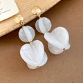 Elegant white marbled acrylic double-layer drop earrings with gold studs - Earrings (Silver Earring Post) / White