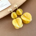 Yellow marble-textured acrylic tiered earrings with gold studs for a vacation style - Earrings (Silver Earring Post) / Yellow
