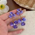 Elegant purple oil-dripping enamel flower drop earrings with white pearl accents for women - Steel Needle Style / Purple