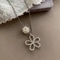 Elegant silver ball chain necklace with pearl cluster and hollow flower pendant decoration - Pearl Flower Style / Silver