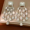 Luxury sparkling chandelier fringe earrings with clear crystal teardrops and studs - Square Teardrop Tassel Style / Silver-White
