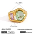 Gold stainless steel ring with green and pink zircon stones detail view - Streamlined Hollow Ring (JDR0104350)