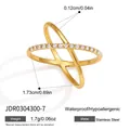 Macro detail of gold stainless steel cross ring with crystals and size specifications - Crisscross X-Ring (JDR0304300-7)