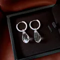 Elegant silver drop earrings with clear water-drop crystal pendants and blue zircon hoops - Ear Buckle (HE33948) / Silver-Blue