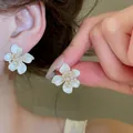 Elegant French style white enamel flower stud earrings with pearls and zircons for women - White Flower Studs