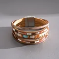 Detailed shot of Bohemian multi-layer leather bracelet with colorful beads and magnetic clasp - Silver Coffee Multi Layer Leather Magnetic Bracelet