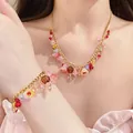 Boheemse roestvrijstalen ketting en armband set met kleurrijke hars bloem bedeltjes - Sieradenset / Goud-Meerkleurig