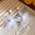 Detail of elegant white mesh flower earrings with woven rose centers on beige box. - Silver Earring Post Style / White
