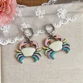 Detailed view of cute cartoon enamel crab ear buckles with colorful pastel legs - Crab Style (HE32167) / Hoop-Silver-Multicolor
