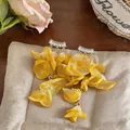 Macro view of delicate yellow chiffon flower tassel earrings with sparkling zircon studs. - Silver Earring Post Style / Yellow