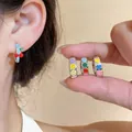 Korean style colorful drip oil round hoop earrings with heart and smiley face designs - Geometric Enamel Mix
