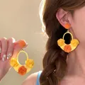 Sweet bohemian chiffon flower raffia drop earrings in bright yellow and orange tones - Style 27 (Silver Pin) / Yellow