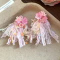 Handmade sweet forest style pink chiffon flower tassel earrings for beach vacation - Style 28 (Silver Pin) / Pink