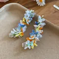 Handmade colorful beaded floral and butterfly drop earrings for beach vacation style - Style 30 (Silver Pin) / Blue White Yellow